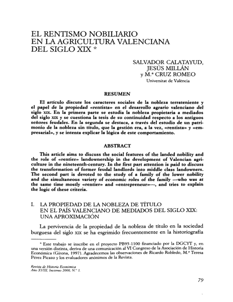 El Rentismo Nobiliario En La Agricultura Valenciana Del Siglo XIX