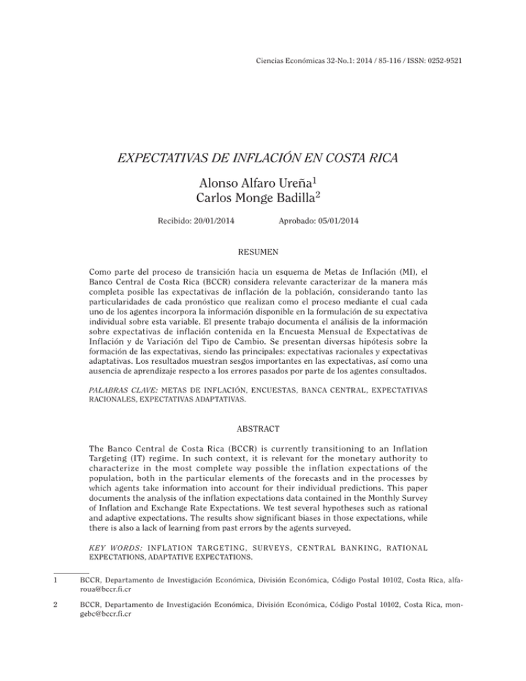 ExpEctativas dE inflación En costa Rica Alonso Alfaro Ureña