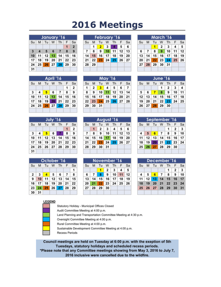 2016 Council and Committee Meetings Calendar