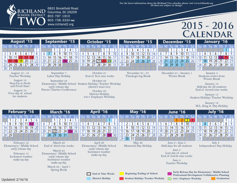 2015 2016 Calendar Working Calendar