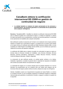 CaixaBank obtiene la certificación internacional BS 25999 en