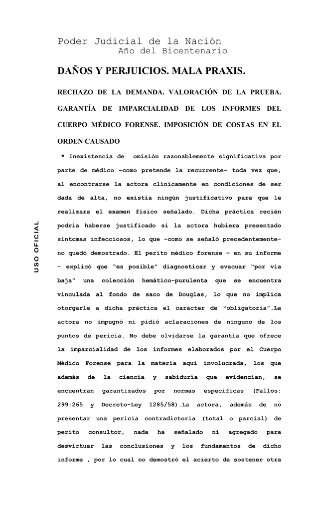 Poder Judicial de la Nación DAÑOS Y PERJUICIOS. MALA PRAXIS.