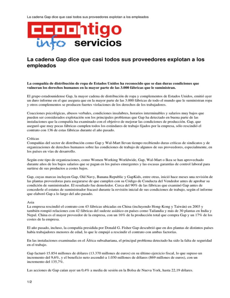 La cadena Gap dice que casi todos sus proveedores explotan a los