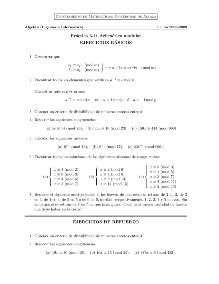 Práctica 3-1: Aritmética Modular EJERCICIOS B´ASICOS