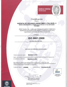 Certiﬁcaci&oacute;n - Agencia de Aduanas AGENCOMEX LTDA