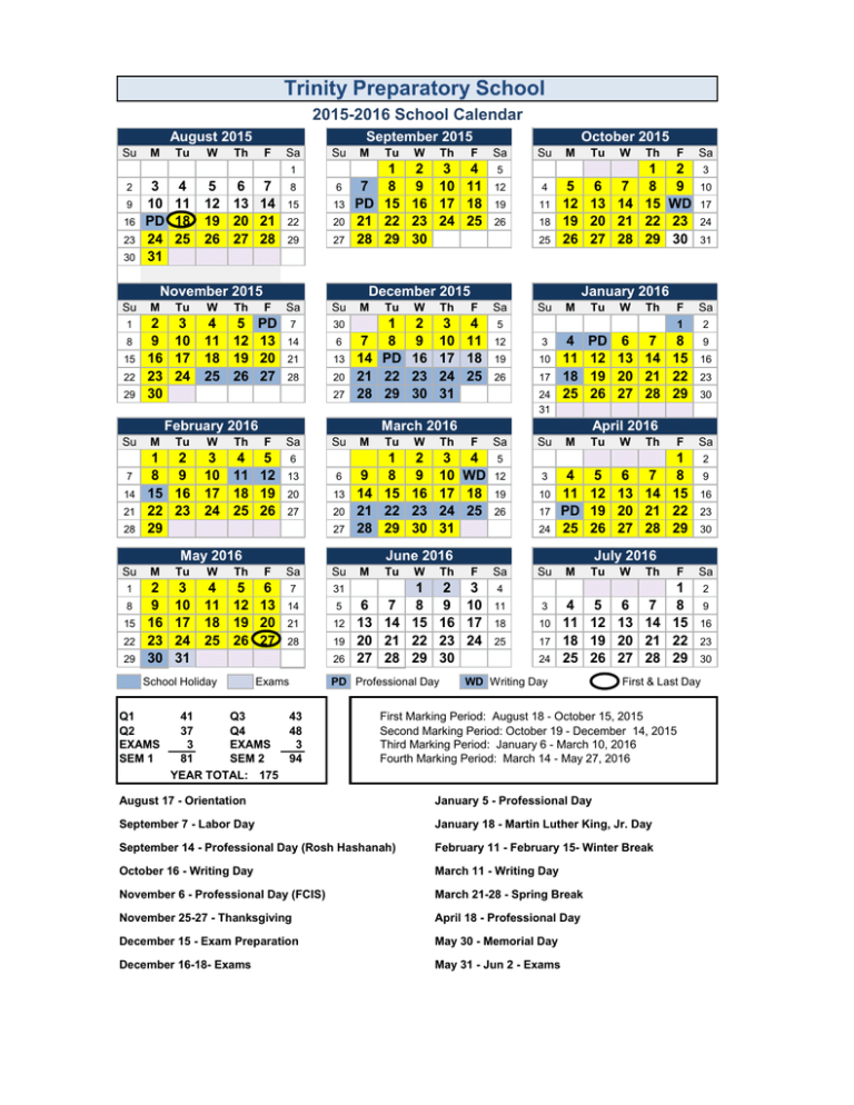 School Calendar Template Trinity Preparatory School