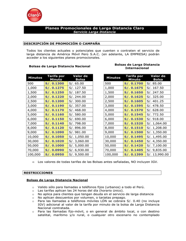 Promoci N Larga Distancia Claro