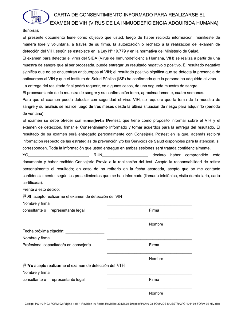 Carta De Consentimiento Informado Para Realizarse El Examen De Vih 2510