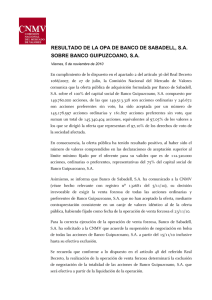 RESULTADO DE LA OPA DE BANCO DE SABADELL, S.A. SOBRE