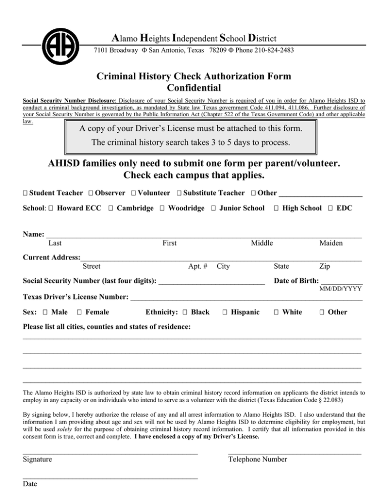Criminal History Check Authorization Form Confidential Ahisd 9683