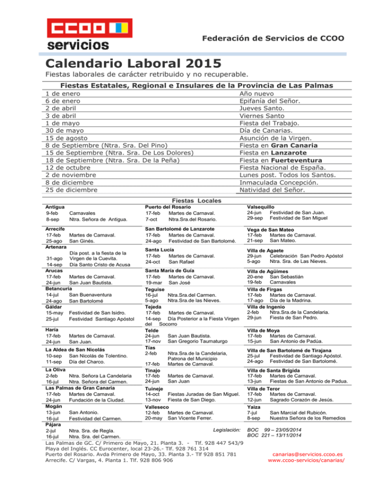 Calendario Laboral 2015 Las Palmas