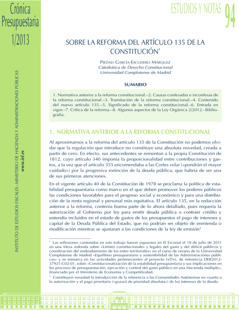 Sobre la reforma del artículo 135