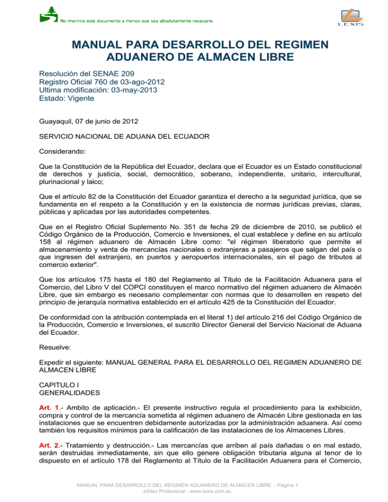 MANUAL PARA DESARROLLO DEL REGIMEN ADUANERO DE
