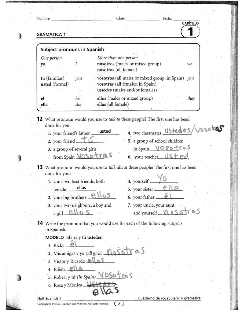 Gramatica A Subject Pronouns And Ser Worksheet Answers