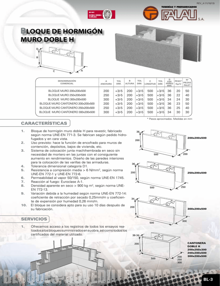 BLOQUE DE HORMIGÓN MURO DOBLE H