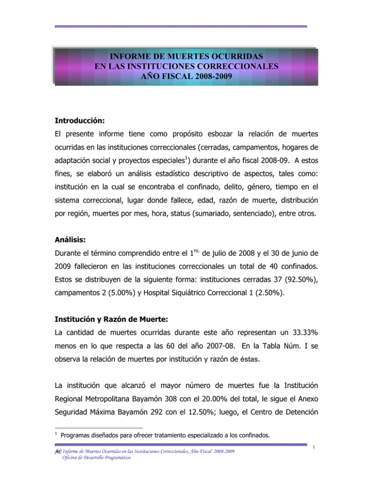 INFORME DE MUERTES OCURRIDAS EN LAS INSTITUCIONES