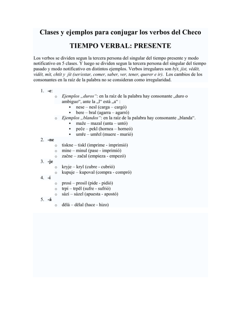 Clases y ejemplos para conjugar los verbos del Checo TIEMPO