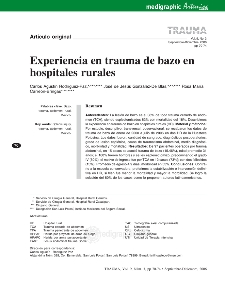 Experiencia En Trauma De Bazo En Hospitales Rurales