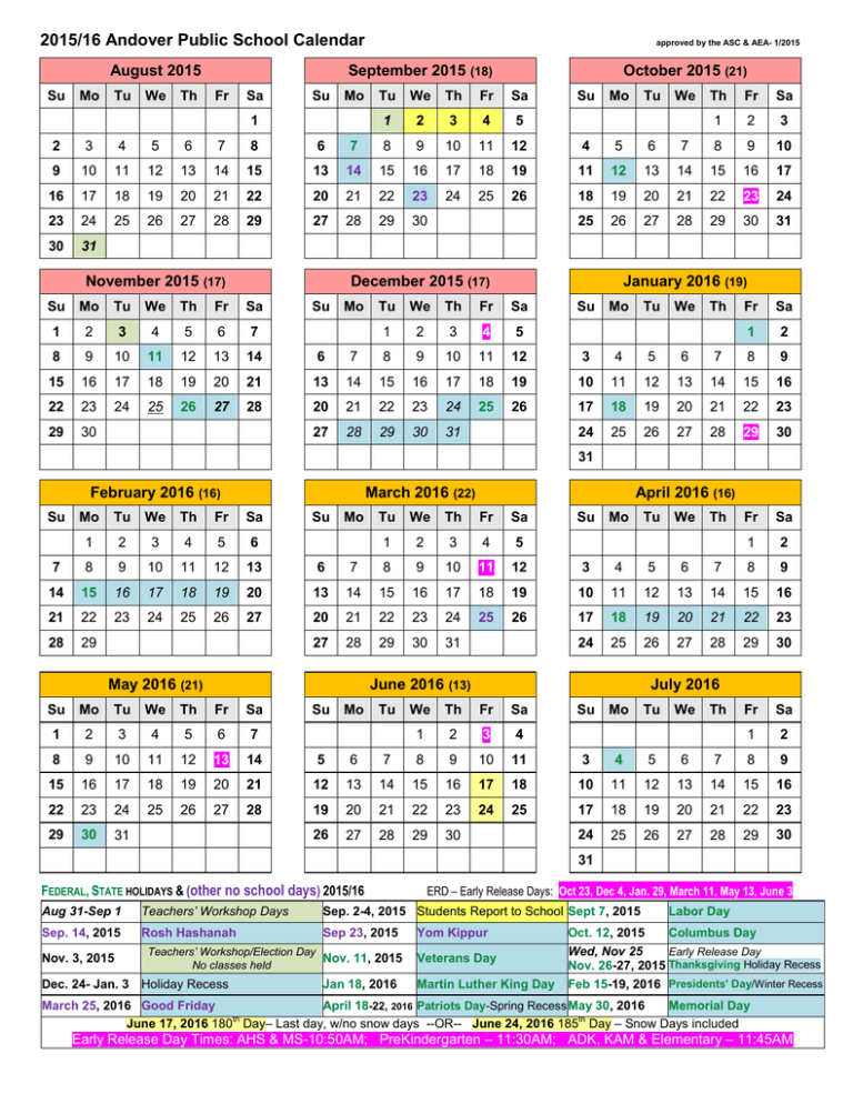 2015/16 School Calendar Andover Public Schools