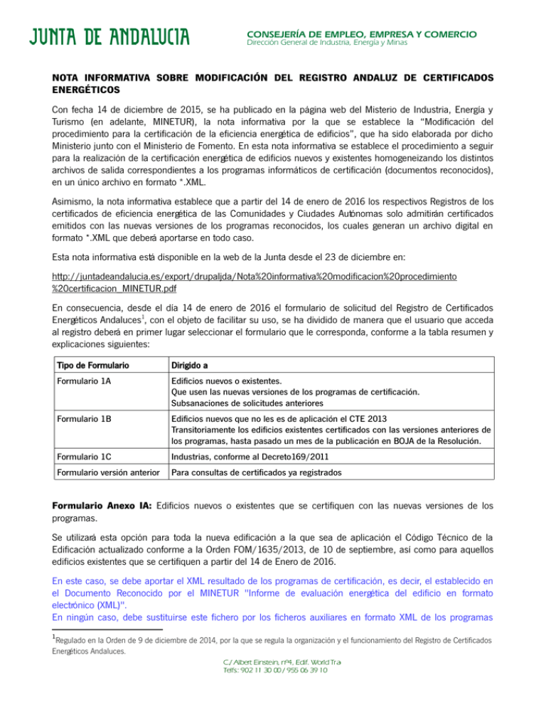 NOTA INFORMATIVA SOBRE MODIFICACIÓN DEL REGISTRO