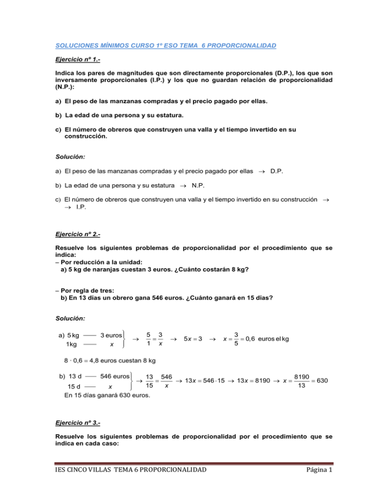 Soluciones Mínimos Curso 1º Eso Tema 6 Proporcionalidad