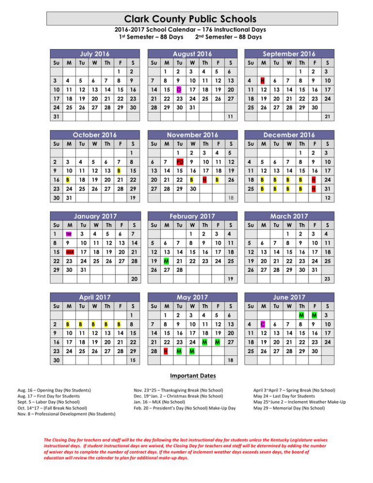 2016 2017 School Calendar Clark County Public Schools