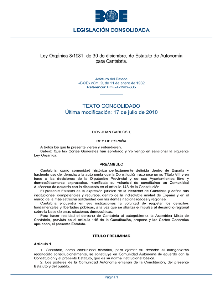 Ley Orgánica 8 1981 De 30 De Diciembre De Estatuto De Autonomía