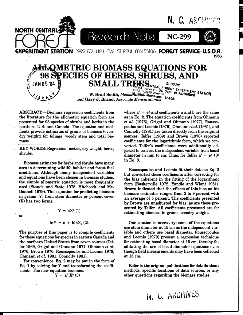 Meetric Biomass Equations For Cies Of Herbs Shrubs And Small