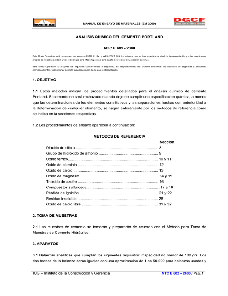 MTC E 602 - 2000 Análisis Químico del Cemento Hidráulico