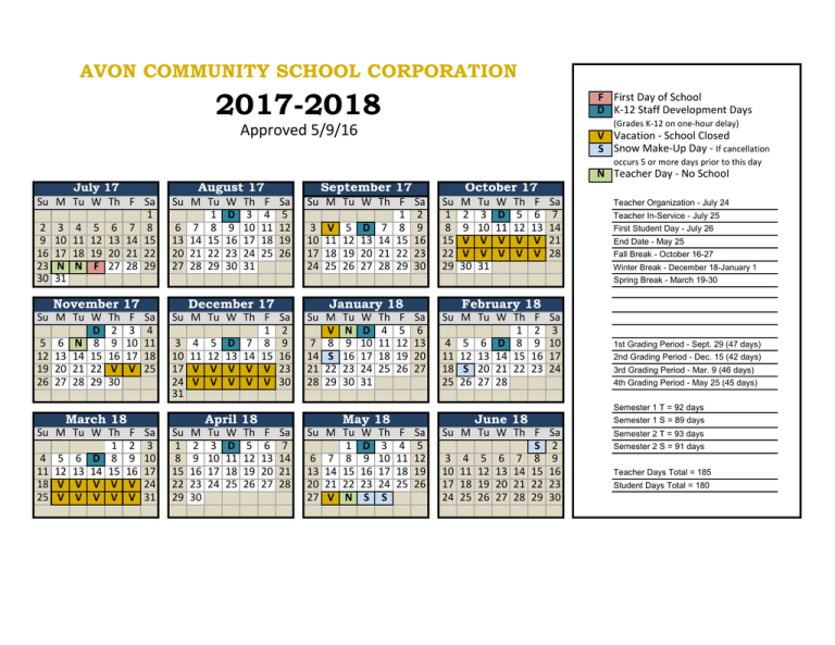 20172018 Calendar Avon Community School Corporation