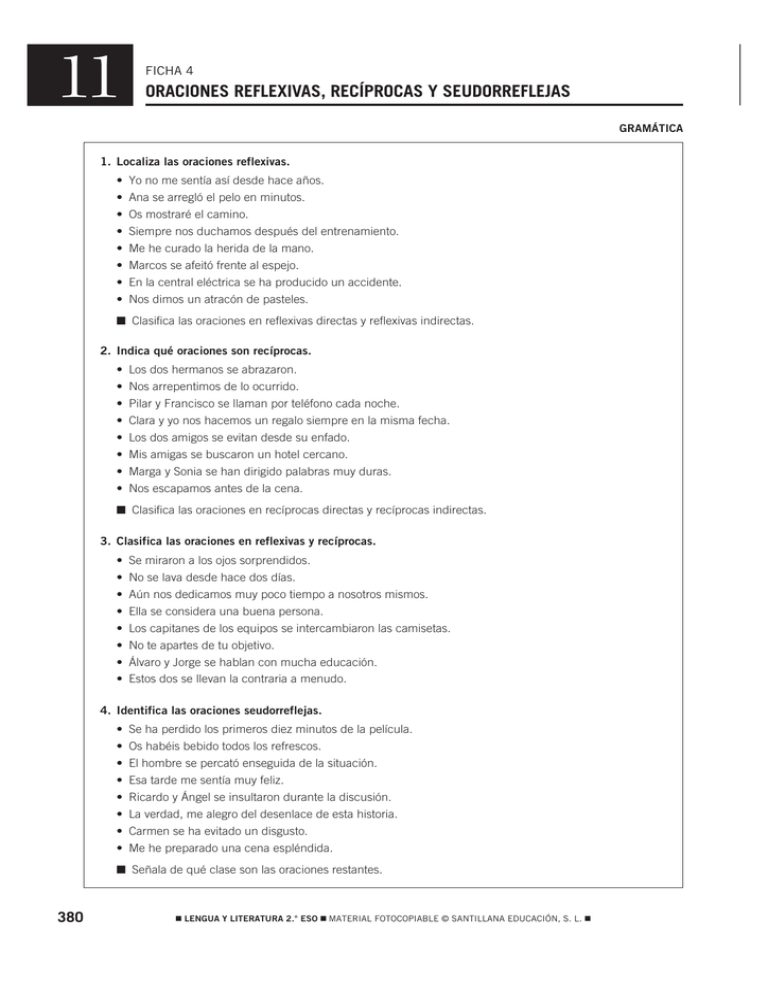 Oraciones Reflexivas, Recíprocas y Seudorreflejas - Ejercicios