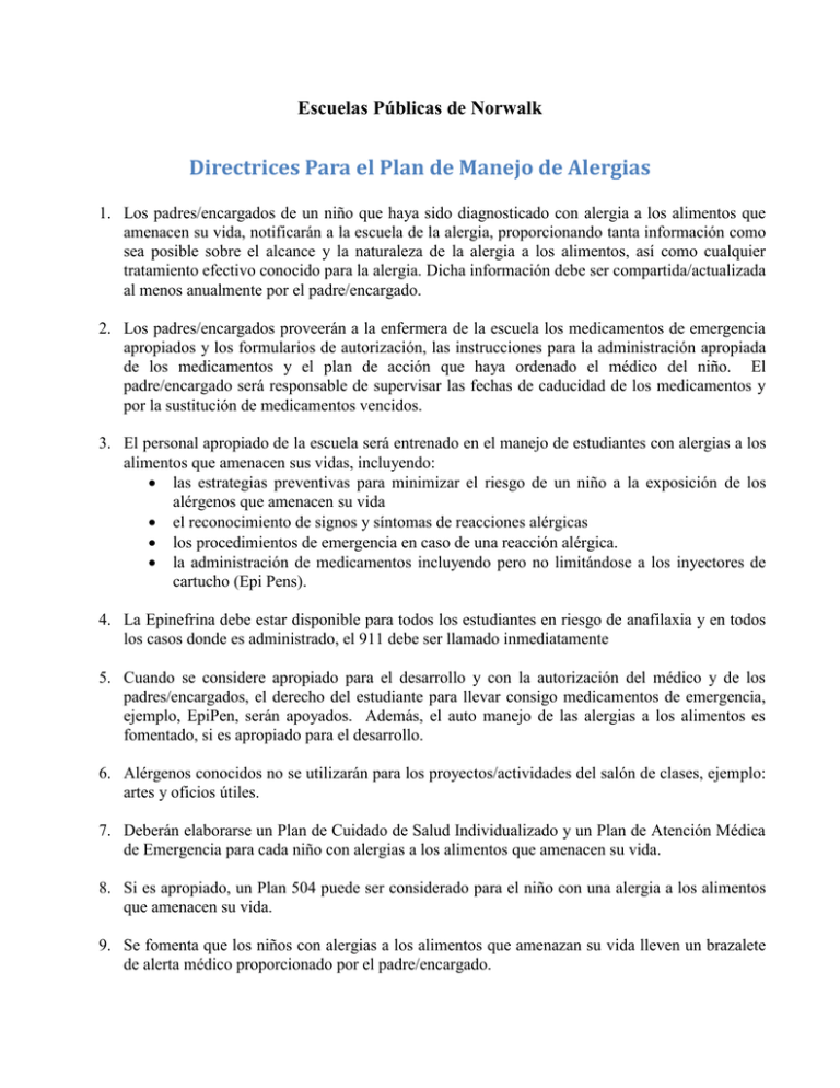 Directrices Para El Plan De Manejo De Alergias