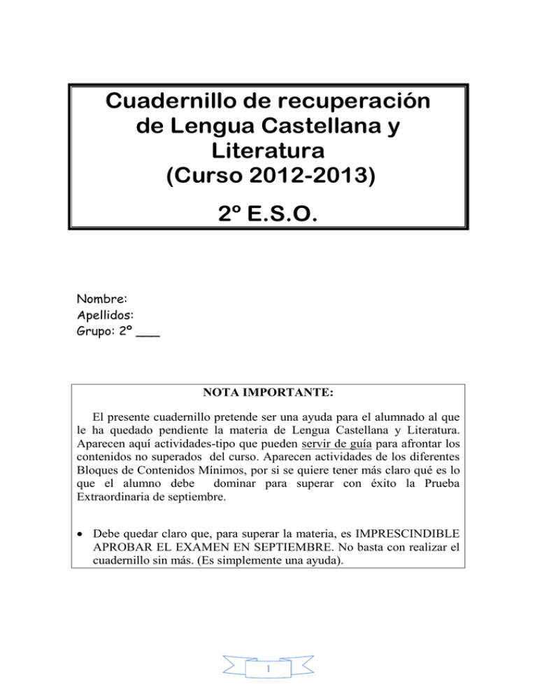 Cuadernillo De Recuperación De Lengua Castellana Y Literatura