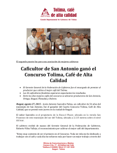 Caficultor de San Antonio ganó el Concurso Tolima, Café de Alta