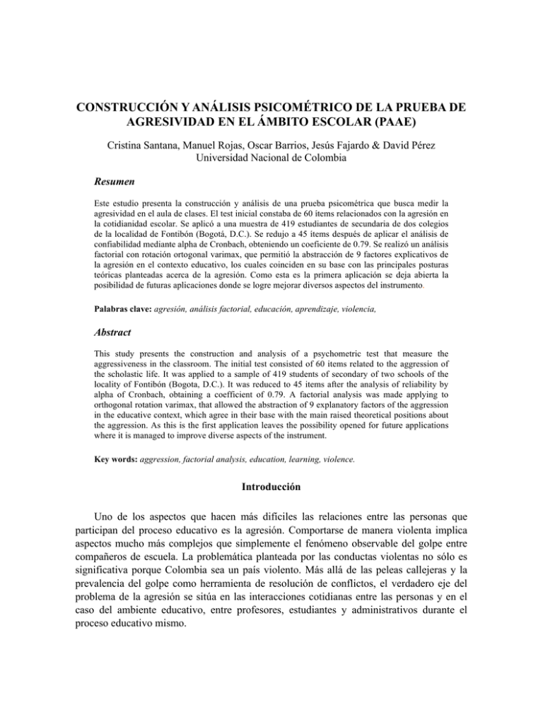 Construcción Y Análisis Psicométrico De La Prueba De Agresividad En