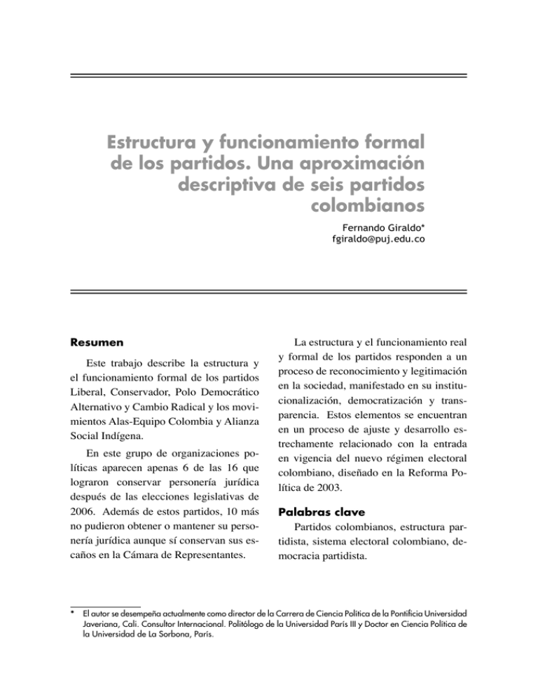 Estructura Y Funcionamiento Formal De Los Partidos Una