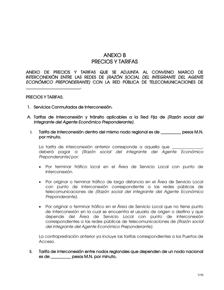 Anexo B Precios Y Tarifas - Instituto Federal De Telecomunicaciones