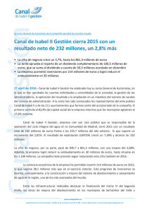 Canal de Isabel II Gestión cierra 2015 con un resultado neto de 232