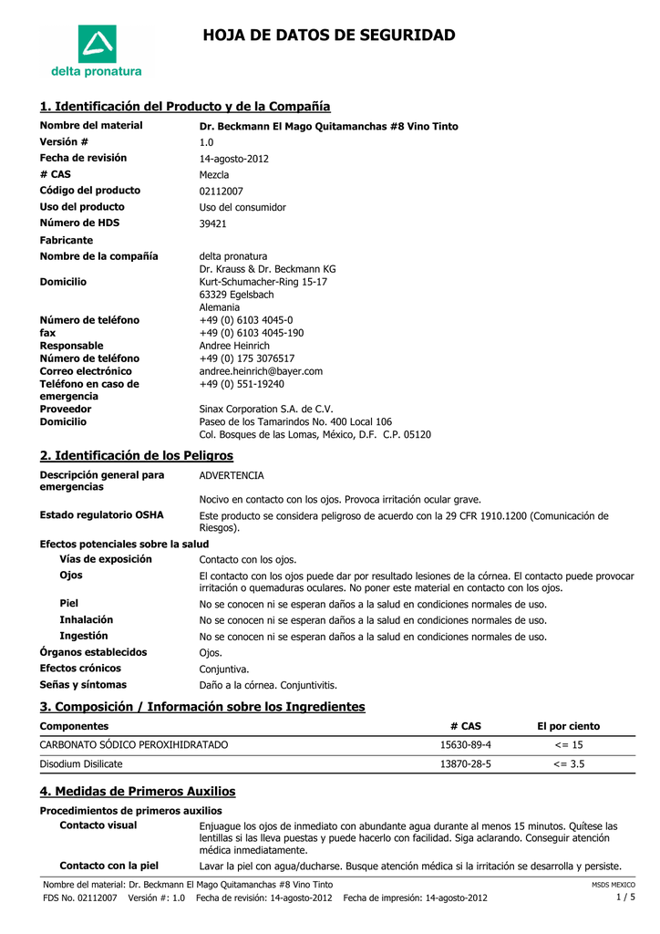 Formato Hoja De Seguridad