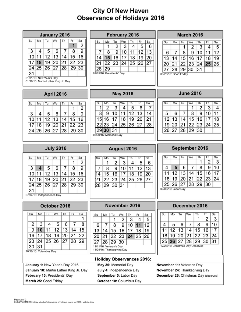 City Of New Haven Observance Of Holidays 2016 City Of New Haven Observance Of Holidays 2016