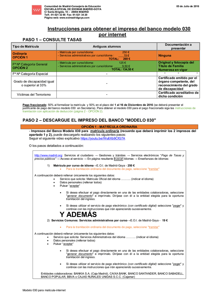 Pago De La Matricula Mediante El Impreso Del Eoi Madrid Goya