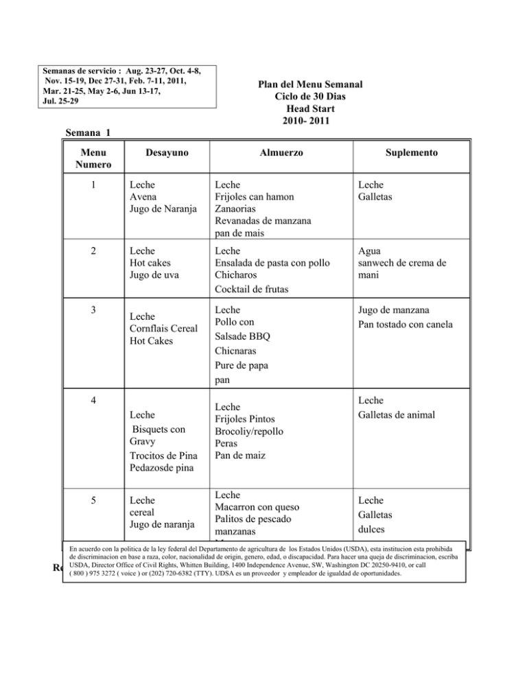 Plan Del Menu Semanal Ciclo De 30 Dias Head Start 2010 0341