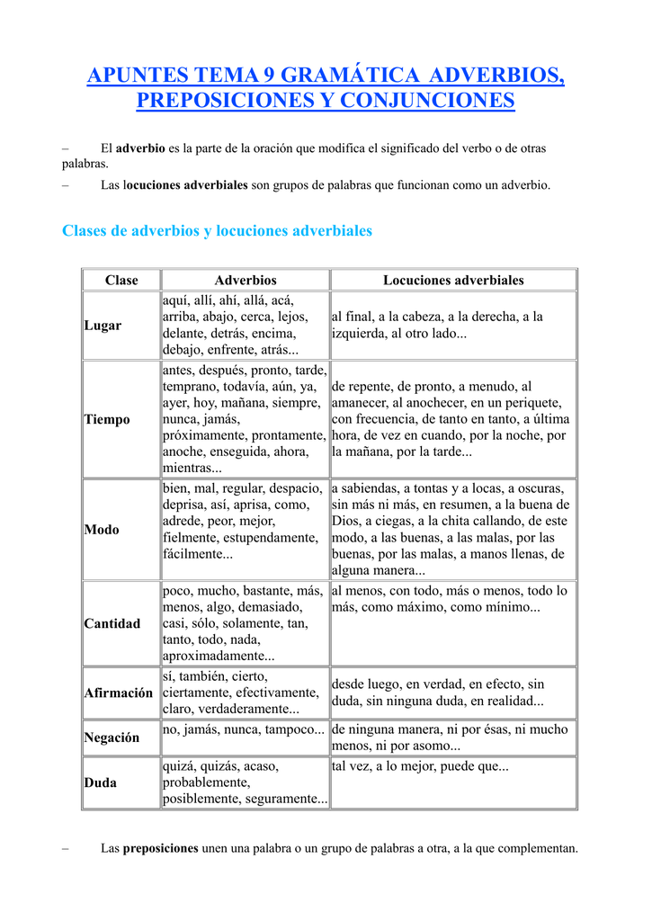 Apuntes Tema 9 Gramática Adverbios Preposiciones Y Conjunciones