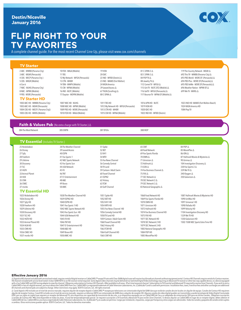 Printable Charter Channel Lineup