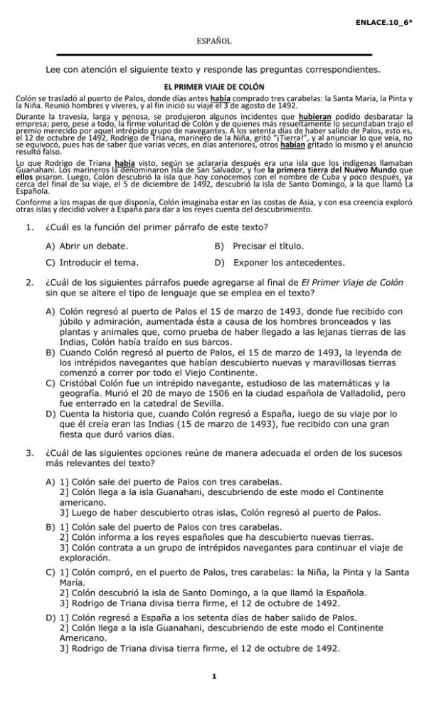 EspaÑol Lee Con Atención El Siguiente Texto Y Responde 1110