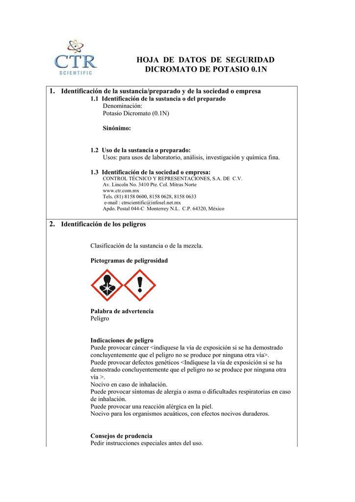 FICHA DE SEGURIDAD DEL DICROMATO DE POTASIO PDF