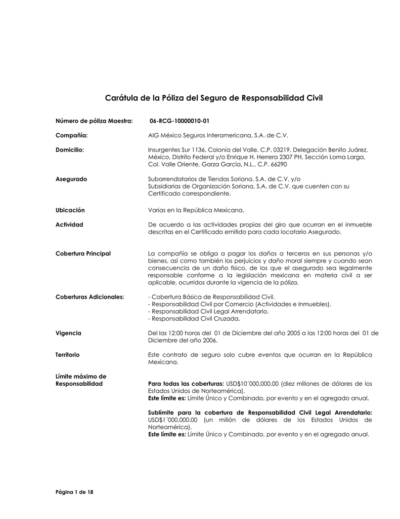 Carátula De La Póliza Del Seguro De Responsabilidad Civil