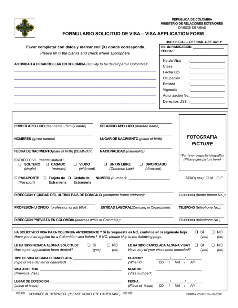 Formulario Solicitud De Visa Visa Application Form