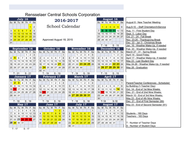 2016 17 Calendar Rensselaer School Corporation