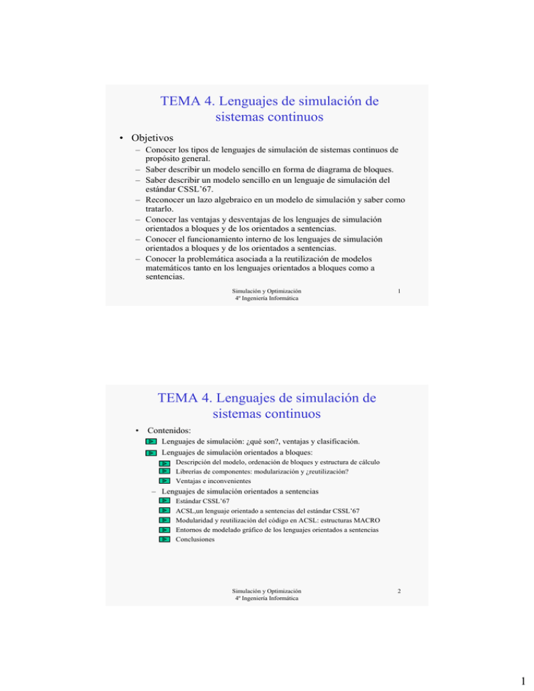 TEMA 4. Lenguajes De Simulación De Sistemas Continuos TEMA 4